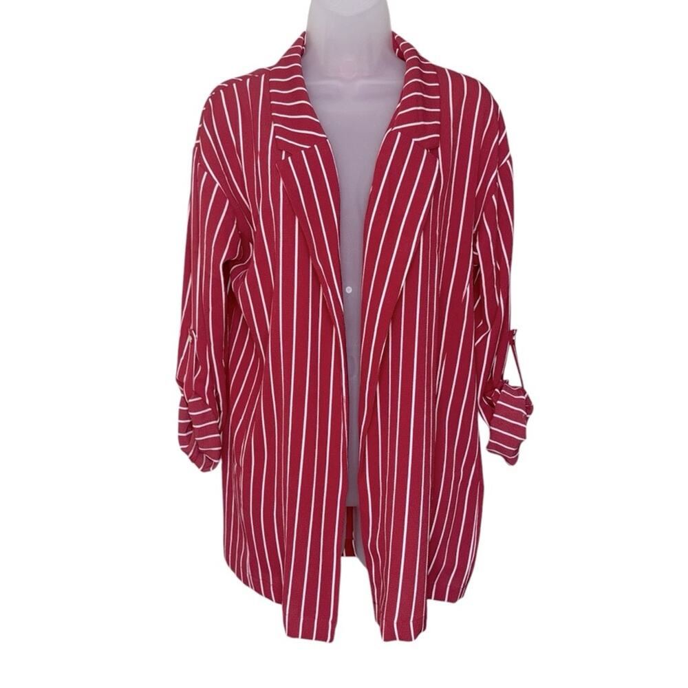 ACTIVE USA Women’s Dark Red Striped Open Front Rolled Sleeve Cardigan Blazer